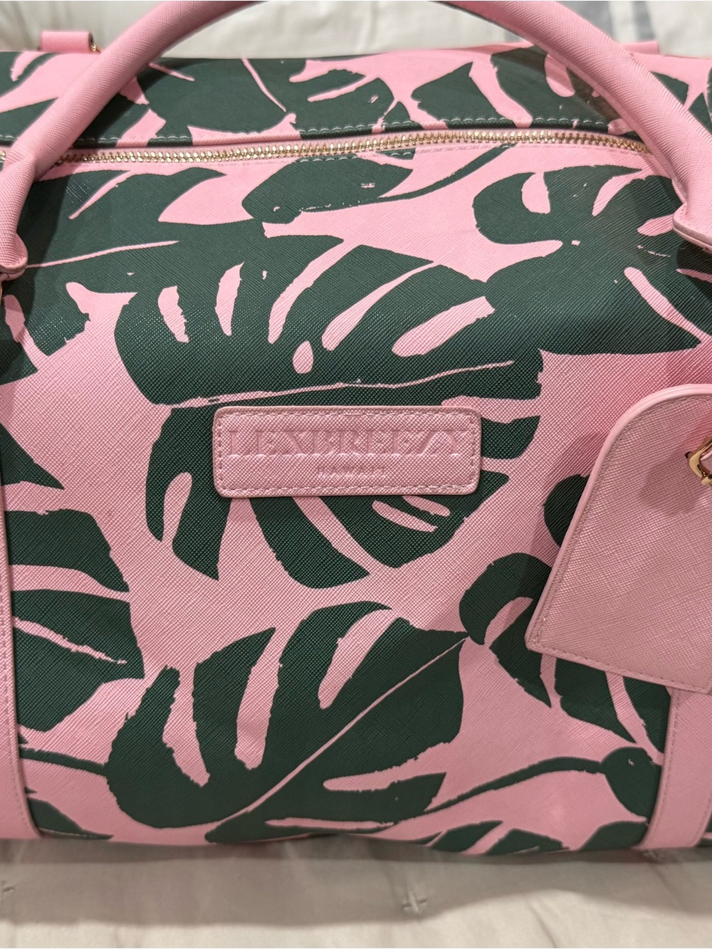LexBreezy Pink and Dark Green Palm-Print Travel Bag